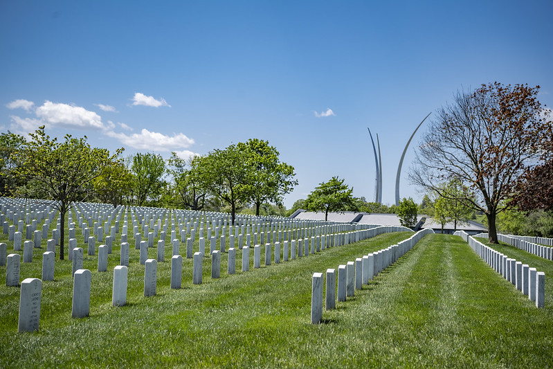 The Air Force Memorial soars above Section 69 of Arlington National Cemetery.  The Air Force Memorial soars above Section 69 of Arlington National Cemetery.