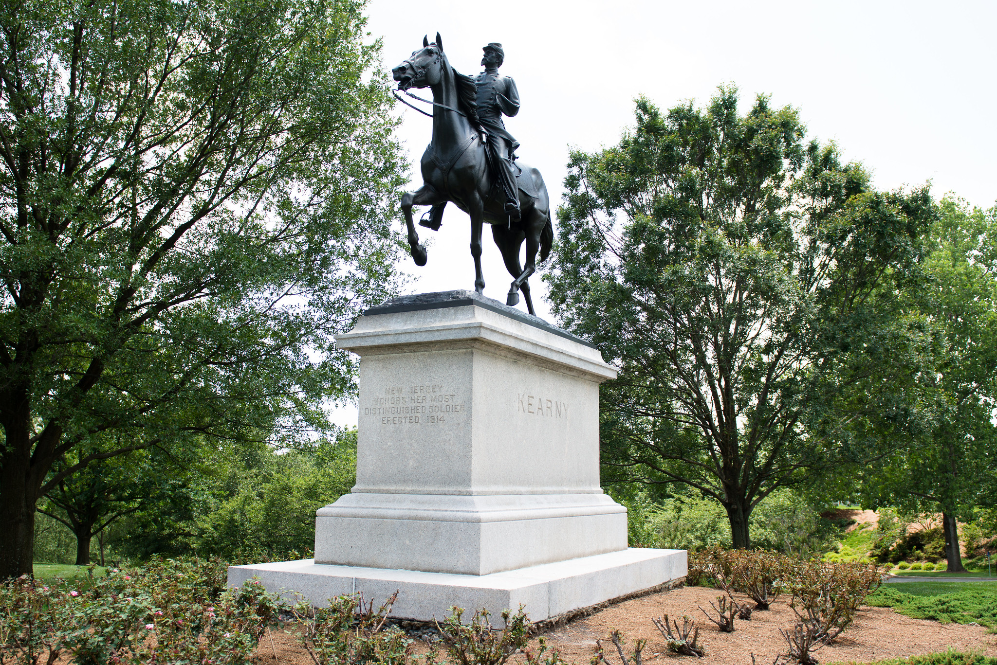 A magnificent equestrian statue commemorates Major General Philip Kearny's cavalry leadership