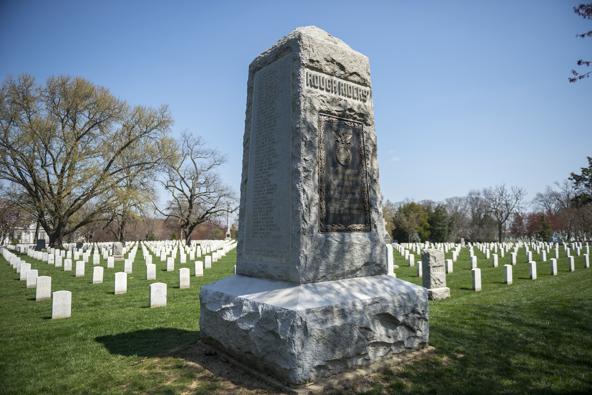 A tall granite column, memorial to the Rough Riders of the Spanish-American War