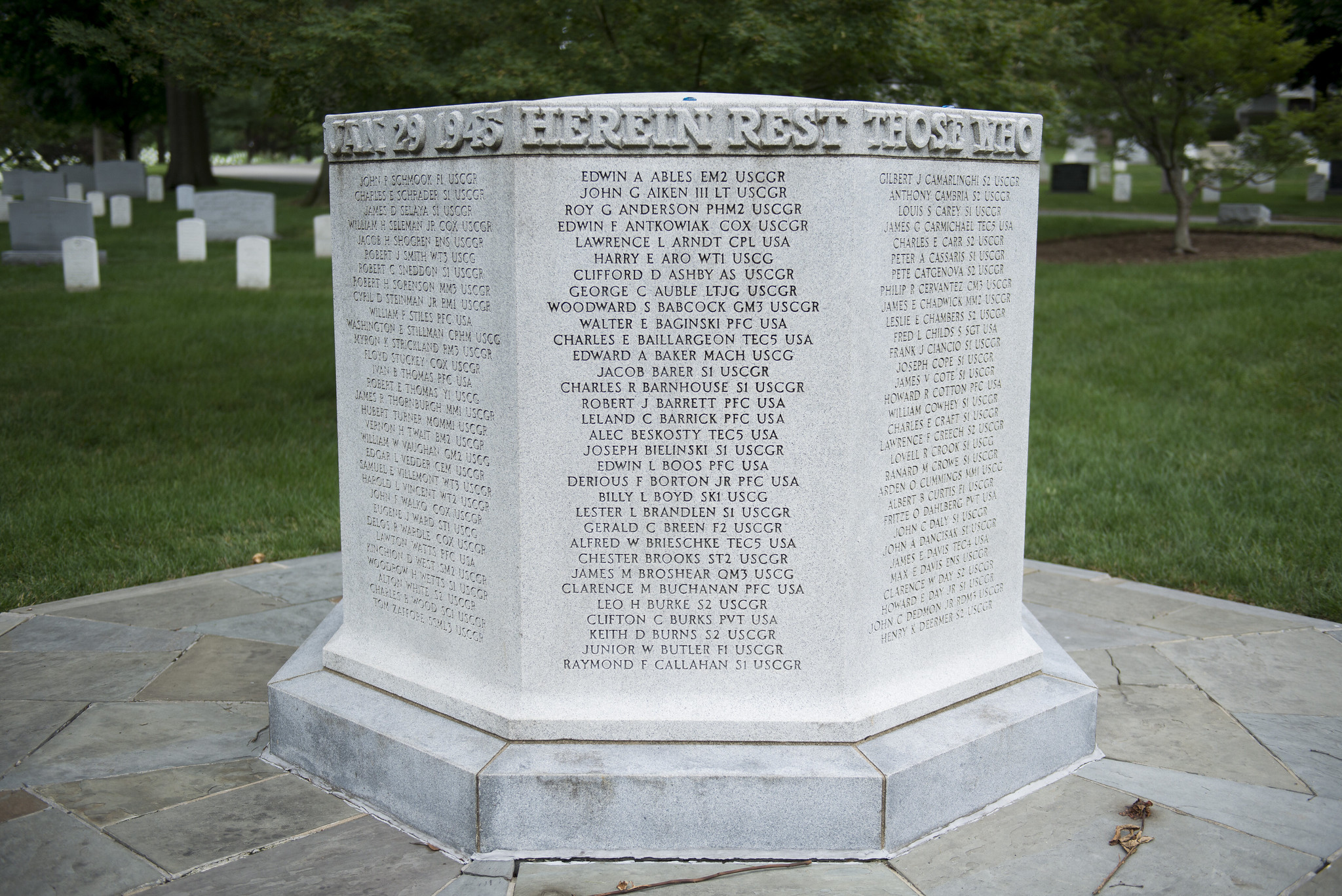 The USS Serpens Monument, an approximately four-foot-tall, octagonal granite marker inscribed with names of the 250 victims of the 1945 Coast Guard disaster